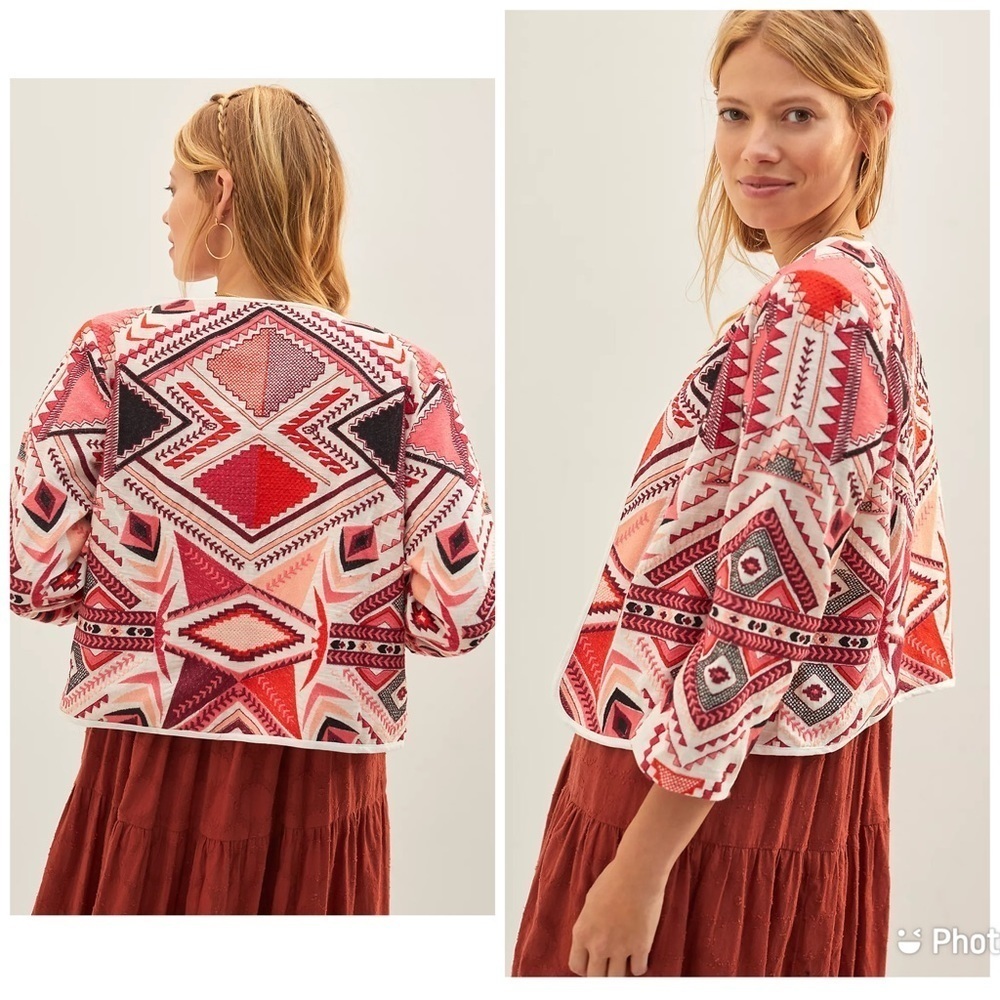 Anthropologie Abstract Quilted Jacket Aztec Western Red Pink L Embroidered Boho